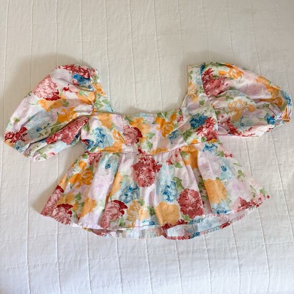 Buddy Love Alana Puff‎ Sleeve Square Neck Peplum Crop Carnation Floral SMALL - Picture 4 of 9